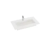 Large bathroom inspiration with a yellow vanity unit with an elegant white sink and countertop, stylish black shelf, and beautiful round mirror with white border, white marble walls and floor, and small black tiles give a modern and urban look.