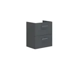 Large bathroom with slanted ceiling inspiration featuring grey bathroom furniture with black, round handles, elegant sink, and beautiful small mirror cabinet with light. Large white tiles and grey wall provide a modern and minimalist look.