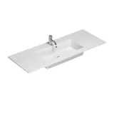 Large bathroom inspiration with blue special color grooved furniture, thin elegant sink, and beautiful round mirrors, red walls, and terrazzo floor create a strong contrast to the furniture, giving a stylish and urban look.