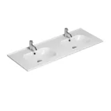 Large bathroom inspiration with brown oak furniture, black frame fronts, double sink, black shelf, rounded mirrors, black corner shower with folding doors, white tiles, and beige walls for a modern look