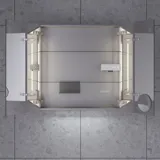 Small bathroom inspiration with a washbasin cabinet in a special color, mirror cabinet with lights, decorative mirrors with tinted glass shelf, white herringbone tiles give a sleek and classic look.