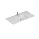 Stylish and luxurious bathroom with a dark green marble wall, large elegant round mirror, and modern white bathroom furniture.