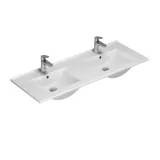 Large bathroom inspiration with a vanity unit in Warm Oak, elegant double sink, beautiful mirror cabinet and shower screen, green herringbone tiles for a sophisticated look.