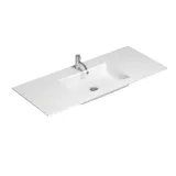 Nordic style bathroom inspiration with vanity unit and base cabinets in smoked oak, makeup area, side-mounted sink, round mirror with brass frame, and visible charming wooden beams