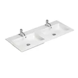 Large and modern minimalist bathroom inspiration with double sinks, square mirrors with light control, stylish pendant lights, large grey tiles, and a spacious design with plenty of natural light