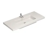 Large bathroom inspiration with elegant stone sink in Blanco Zeus with stylish white vanity unit with brass handles and beautiful mirror cabinet with stone floor for an exclusive and modern look.
