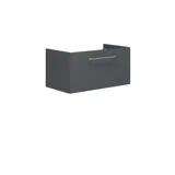 Bathroom inspiration with bathroom furniture in matt grey with elegant washbasin, beautiful square mirror, grey floor and small tiles in different shades of yellow and green, which with yellow wall gives a bright and playful expression