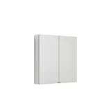 Large bathroom inspiration in a modern and minimalist style with white bathroom furniture and an elegant black countertop with square free-standing sinks, aesthetic and practical built-in mirror cabinets with light frame, and walk-in shower