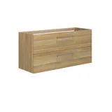 Large bathroom inspiration with a vanity unit in Warm Oak, elegant double sink, beautiful mirror cabinet and shower screen, green herringbone tiles for a sophisticated look.