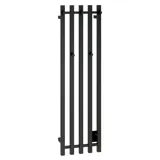 Large bathroom inspiration with white bathroom furniture, square mirror, and shower screen with swing doors with clear glass and profiles in matt black, as well as an elegant electric heated towel rail.