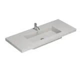 Large bathroom inspiration with elegant stone sink in Desert Silver with stylish white vanity unit with brass handles and beautiful mirror cabinet with matching stone floor for an exclusive and modern look.