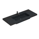 Large bathroom inspiration with elegant stone sink in Charcoal Soapstone with stylish white vanity unit with brass handles and beautiful mirror cabinet with stone floor for an exclusive and modern look.