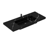 Large bathroom inspiration with elegant stone sink in Eternal Marquina with stylish white vanity unit with brass handles and beautiful mirror cabinet with stone floor for an exclusive and modern look.