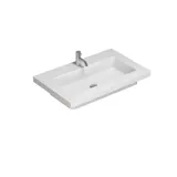 Stylish and modern bathroom inspiration with oval mirrors with light control, stone sinks, and vanity units with fine and elegant grooves in a minimalist design, the bathroom has a light and airy atmosphere with elegant lighting and refined details