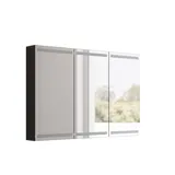 Large, elegant bathroom with dark colors, stylish mirror cabinet with integrated lighting, and luxurious stone countertop.