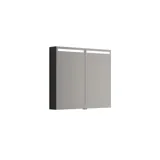 Large bathroom inspiration with bathroom furniture in Black Structure with elegant basins and a beautiful mirror cabinet with integrated lighting, terrazzo floor and red walls and tiles for a modern look.