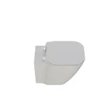 Small, stylish bathroom with dark blue walls, soft yellow bathroom furniture with grooves, and an elegant round mirror with lamp