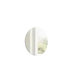 Small, stylish bathroom with dark blue walls, soft yellow bathroom furniture with grooves, and an elegant round mirror with lamp