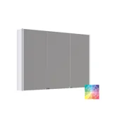 Large bathroom inspiration in Nordic style with bathroom furniture in light blue colour and wooden countertop with elegant countertop basin, herringbone wooden floor creating a bright and classic style