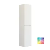 Bathroom inspiration with red walls, softly shaped red vanity and tall cabinet, elegant white sink and beautiful oval mirror with light, creating a vintage look together with the natural surroundings