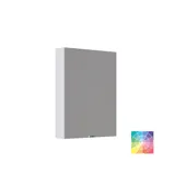 Small bathroom inspiration with a washbasin cabinet in a special color, mirror cabinet with lights, decorative mirrors with tinted glass shelf, white herringbone tiles give a sleek and classic look.