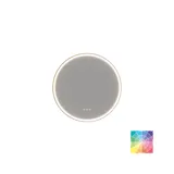 Bathroom inspiration with dark blue wall panels, romantic floral wallpaper, dark blue vanity with soft curves, and a beautiful round mirror with light, creating a vintage look