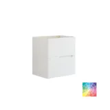 Bathroom inspiration with dark blue wall panels, romantic floral wallpaper, dark blue vanity with soft curves, and a beautiful round mirror with light, creating a vintage look