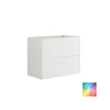 Bathroom inspiration with bathroom furniture in modern blue colour, elegant countertop basin and large square mirror with light, white herringbone tiles create a stylish and classic look