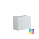 Large bathroom inspiration with a yellow vanity unit with an elegant white sink and countertop, stylish black shelf, and beautiful round mirror with white border, white marble walls and floor, and small black tiles give a modern and urban look.