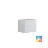 Bathroom with slanted ceiling inspiration, beige furniture with grooves, elegant countertop and square sink, beautiful mirror with shelves, blue walls, large windows, and black herringbone floor give a bright, urban look.