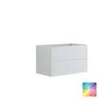 Bathroom with slanted ceiling inspiration, beige furniture with grooves, elegant countertop and square sink, beautiful mirror with shelves, blue walls, large windows, and black herringbone floor give a bright, urban look.