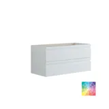 Large bathroom inspiration with grey vanity unit with integrated handle, stylish side-mounted sink, square mirror with rounded corners, concrete-look walls and raw materials for an urban look