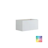 Large bathroom inspiration with a yellow vanity unit with an elegant white sink and countertop, stylish black shelf, and beautiful round mirror with white border, white marble walls and floor, and small black tiles give a modern and urban look.