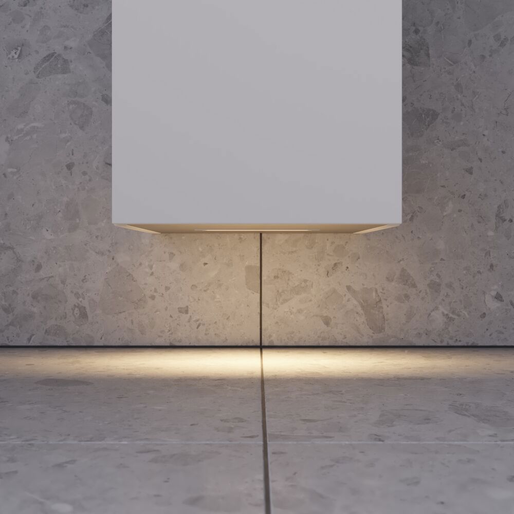 Large bathroom inspiration in Nordic style with bathroom furniture in light blue colour and wooden countertop with elegant countertop basin, herringbone wooden floor creating a bright and classic style