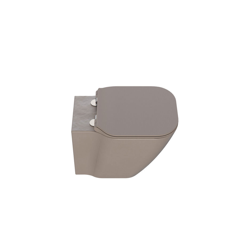 Stylish and spacious bathroom inspiration with a large round mirror with a black frame, dark stone sink, colored toilet, upper cabinet, and open shelf in a sophisticated and muted design