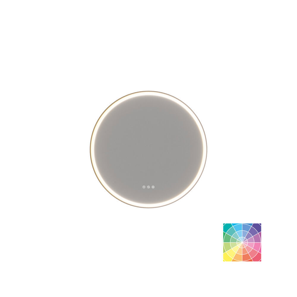 Bathroom inspiration with dark blue wall panels, romantic floral wallpaper, dark blue vanity with soft curves, and a beautiful round mirror with light, creating a vintage look