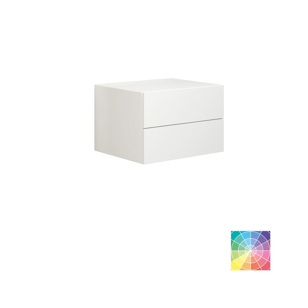 Stylish and spacious bathroom inspiration with a large round mirror with a black frame, dark stone sink, colored toilet, upper cabinet, and open shelf in a sophisticated and muted design