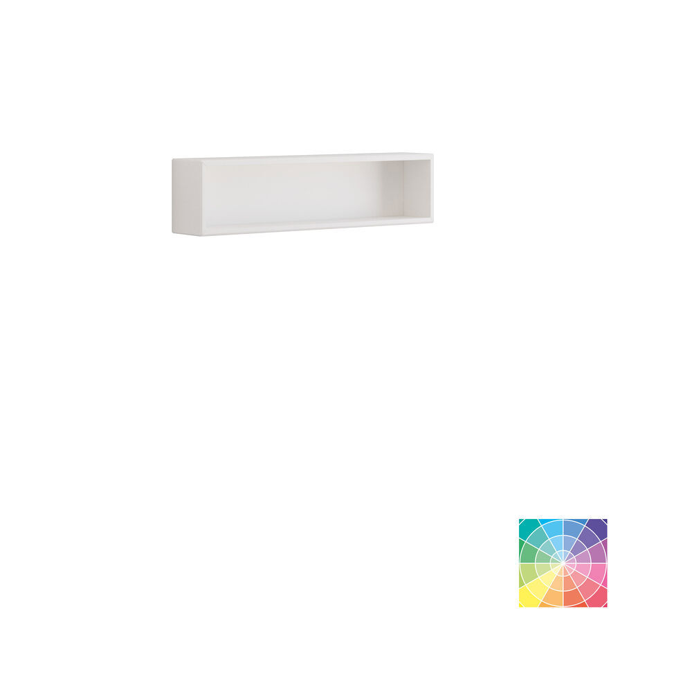 Small stylish bathroom with dark blue walls, soft yellow bathroom furniture with grooves, and an elegant round mirror with lamp