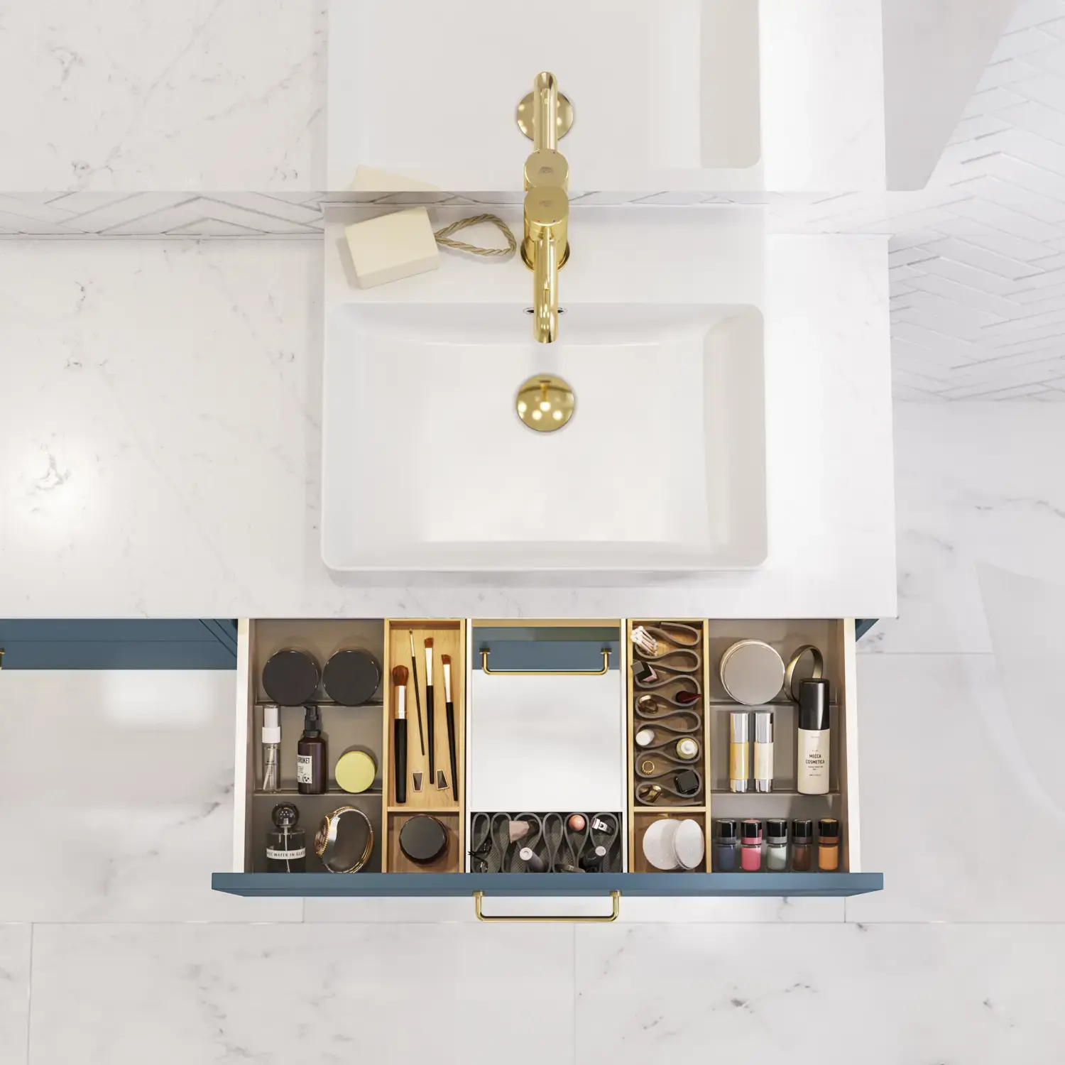 Bathroom inspiration with bathroom furniture in modern blue colour, elegant countertop basin and large square mirror with light, white herringbone tiles create a stylish and classic look
