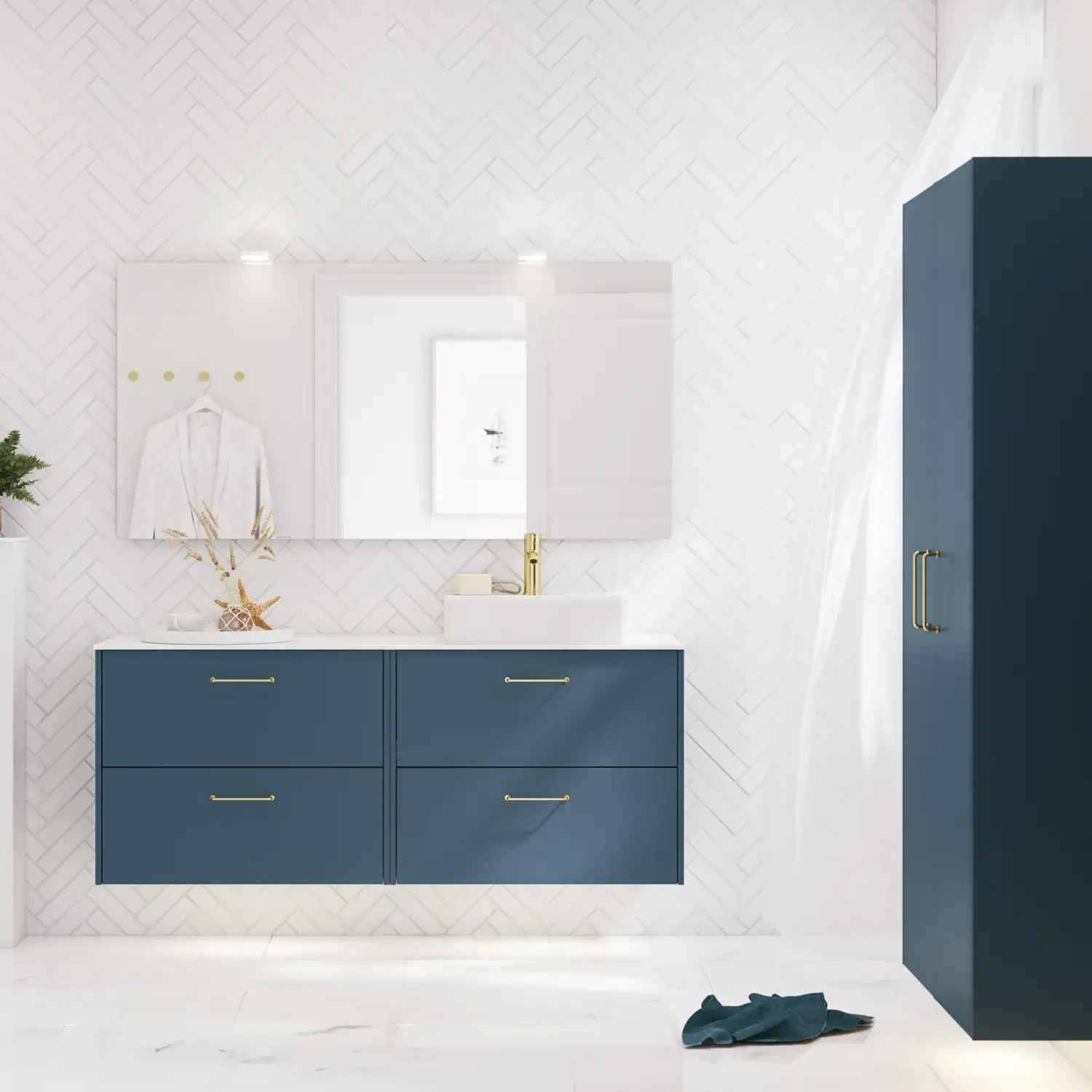 Bathroom inspiration with bathroom furniture in modern blue colour, elegant countertop basin and large square mirror with light, white herringbone tiles create a stylish and classic look