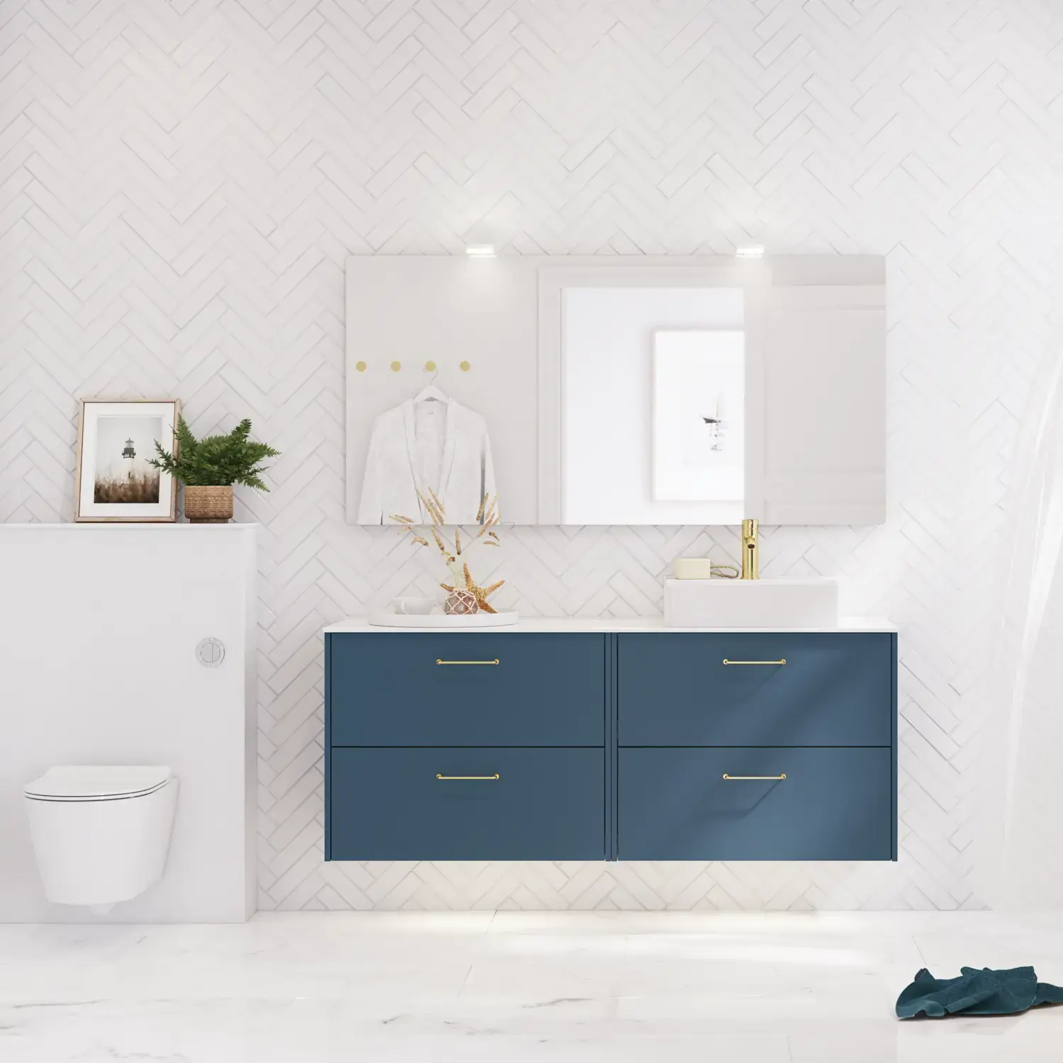 Bathroom inspiration with bathroom furniture in modern blue colour, elegant countertop basin and large square mirror with light, white herringbone tiles create a stylish and classic look