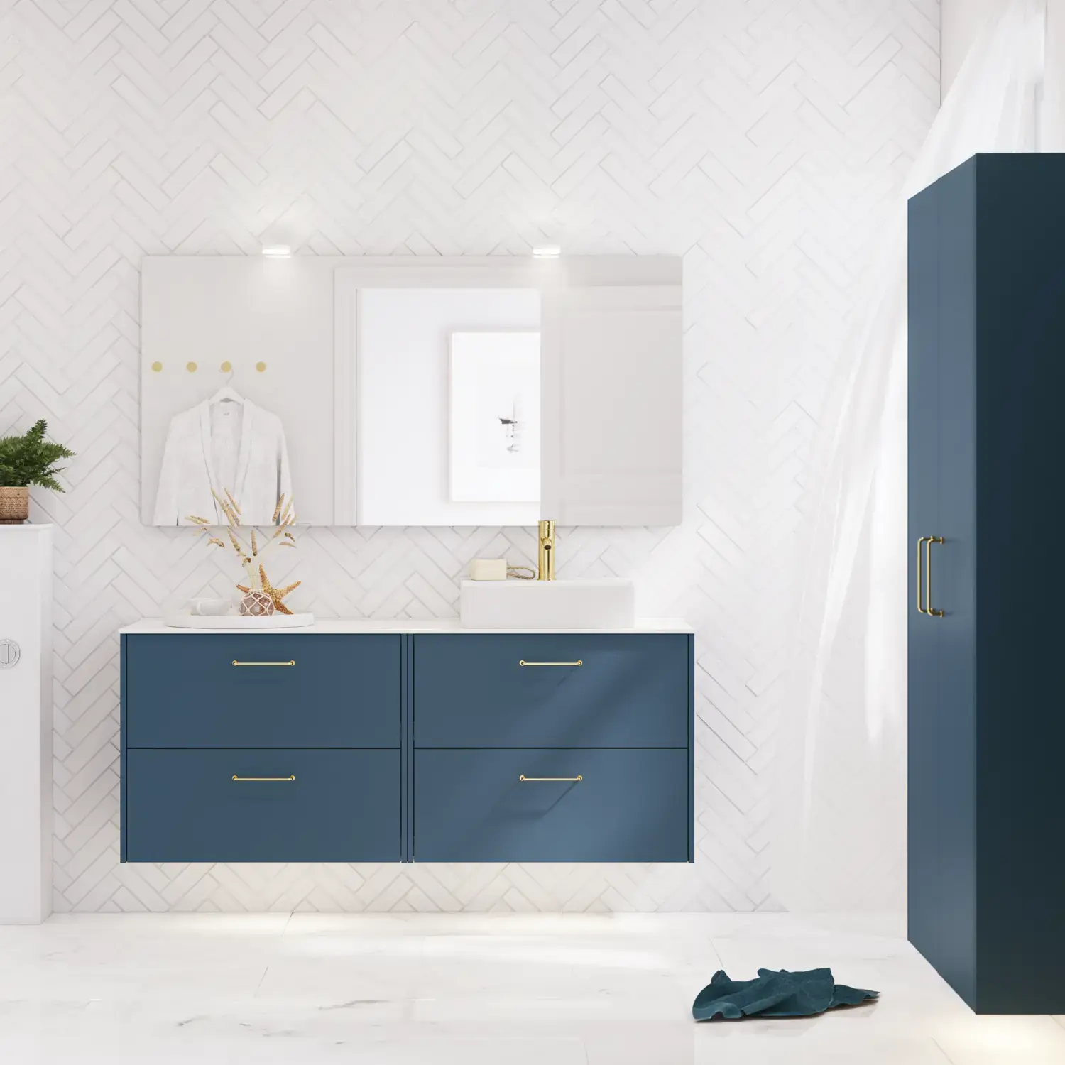 Bathroom inspiration with bathroom furniture in modern blue colour, elegant countertop basin and large square mirror with light, white herringbone tiles create a stylish and classic look