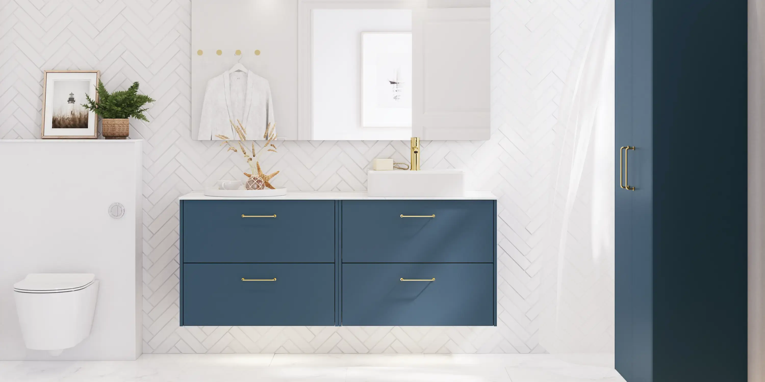 Bathroom inspiration with bathroom furniture in modern blue colour, elegant countertop basin and large square mirror with light, white herringbone tiles create a stylish and classic look
