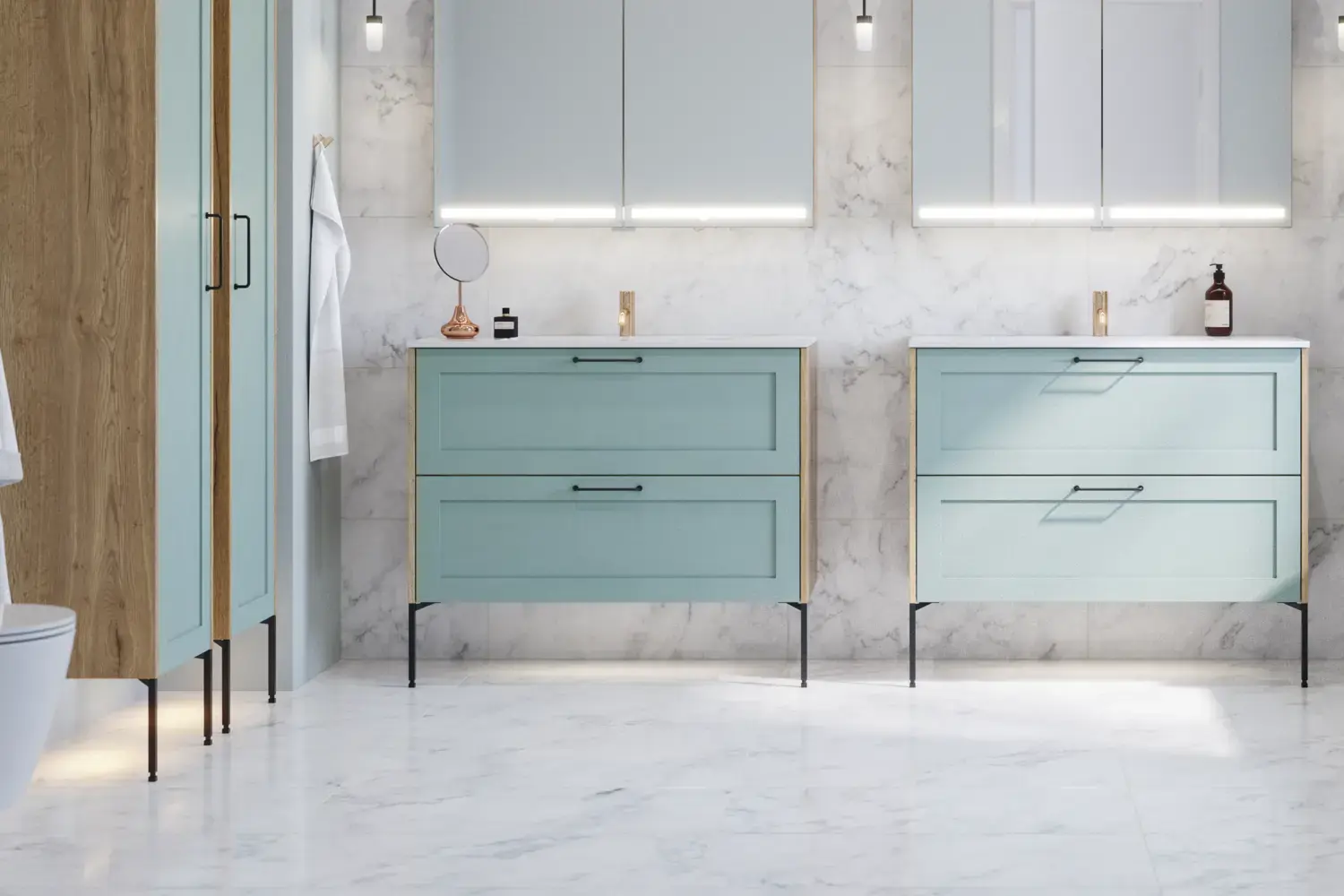 Large bathroom inspiration with light blue bathroom furniture with light wood sides, elegant mirror cabinets, minimalist black legs and handles, double bathroom set, and large white marble tiles create a classic, modern, and symmetrical look