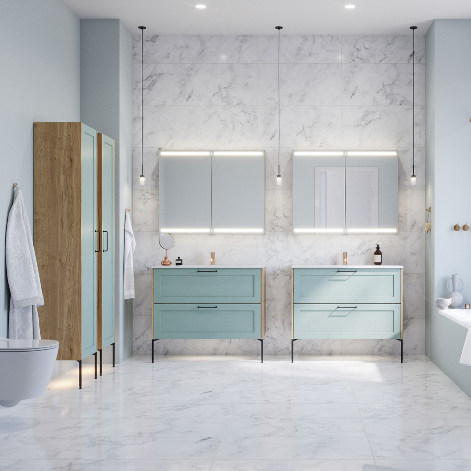 Large bathroom inspiration with light blue bathroom furniture with light wood sides, elegant mirror cabinets, minimalist black legs and handles, double bathroom set, and large white marble tiles create a classic, modern, and symmetrical look