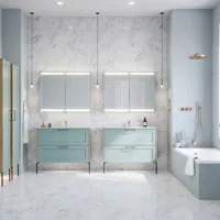 Large bathroom inspiration with light blue bathroom furniture with light wood sides, elegant mirror cabinets, minimalist black legs and handles, double bathroom set, and large white marble tiles create a classic, modern, and symmetrical look