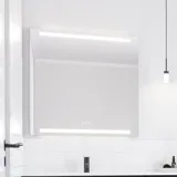 Large bathroom inspiration with noir oak bathroom furniture with elegant grooves, stylish double sink, square mirrors, white tiles with a geometric pattern give a bright, symmetrical, and classic look.