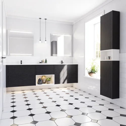 Large bathroom inspiration with noir oak bathroom furniture with elegant grooves, stylish double sink, square mirrors, white tiles with a geometric pattern give a bright, symmetrical, and classic look.