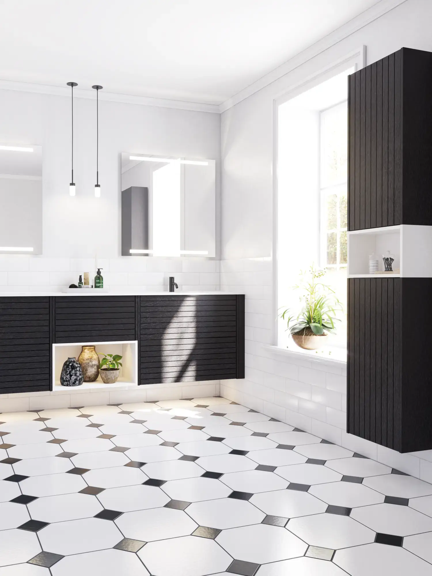 Large bathroom inspiration with noir oak bathroom furniture with elegant grooves, stylish double sink, square mirrors, white tiles with a geometric pattern give a bright, symmetrical, and classic look.