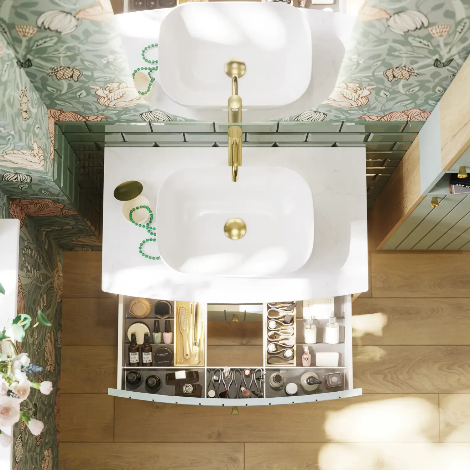 Bathroom inspiration with green special color bathroom furniture with natural oak sides, elegant grooves, stylish countertop with romantic oval countertop sink, beautiful oval mirror, combined with floral wallpaper gives a graceful, vintage retro look.
